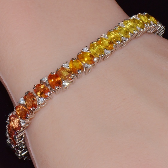 CERTIFIED NATURAL DIAMOND SUNSET GRADIENT SAPPHIRE 18K SOLID GOLD BRACELET - Picture 1 of 16